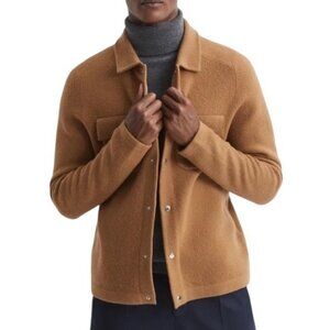REISS Men’s Tumble Wool Press Stud Knitted Over Shirt Jacket Camel Size XL